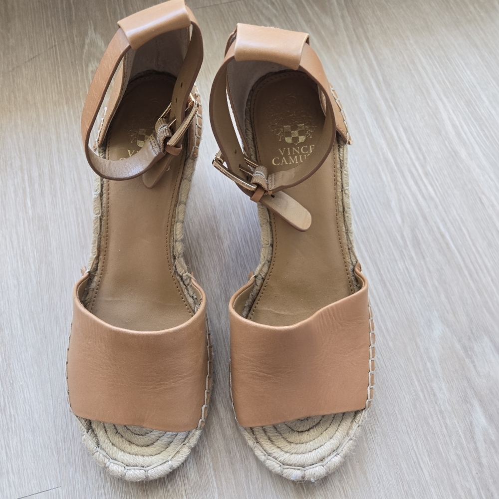 Vince Camuto Tan Brown Leather Espadrille Wedges Venerly Ankle Strap size 10 - Picture 3 of 16
